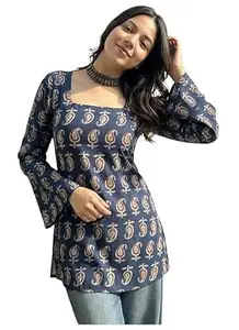ANNI Designer Women’s Viscose Printed Short Kurti | Straight Fit Ethnic Top with Square Neck | Bell Sleeve Casual Indian Kurta for Office College, Party