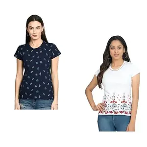 IndiWeaves Women Cotton Allover and Bottom Printed Half Sleeve Round Neck T-Shirts [Pack of 2] Multicolor81