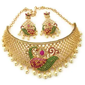 Sasitrends Micro Gold Plated AD American Diamond Studded with Pearl Beaded Choker Necklace Jewellery Set for Women & Girls