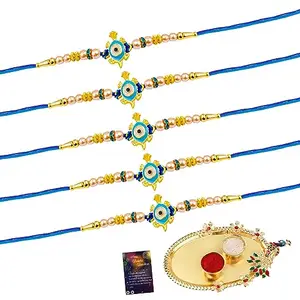 Rakhi for Brother 5 Rakhi Set Rakhi bracelet for brotherBhaiBrother Rakhi Roli Chawal,1 Greeting Card,Pooja Thali -99
