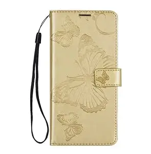 TROUNCE for VIVO V70 Elite Mobile Flip Cover Butterfly Embossing Shock Proof with Card Cash Holder Wallet Case & Magnetic Lock - Gold