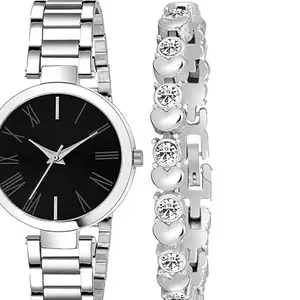 LAKSH Stylish Stainless Steel Strap Watch&Silver Diamond Bracelet for Women(SR-845) AT-845