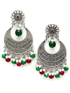 Karatcart Oxidised Silver Red and Green Beads Dangler Earrings for Women