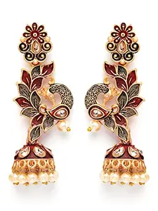 Karatcart Gold Plated Peacock Shape Maroon Kundan Dangler Jhumki Earrings for Women