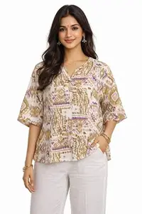 Reeca Women V-Neck Tunic Top with Purple Accents | Relaxed Fit Short Sleeve Cotton Kurti with Metallic Brooch Detail | Stylish Ethnic Fusion Blouse