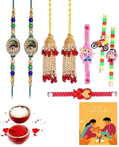 Clocrafts Two Bhaiya Bhabhi Rakhi and Four Kids Rakhi Gift Set With Greeting Card and Roli Chawal - 2BB4KS102