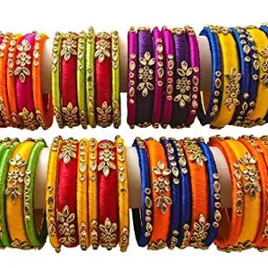 HABSA HABSA Hand Made Fancy Festival Silk Thread Fancy Festival Wear Kundan Stone Bangles Set of 48 Bangles Multi Color(size-2/8)