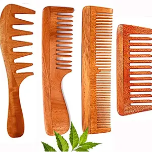 Rufiys Wide Tooth Neem Wooden Comb for Hair Growth Women & Men (Combo Pack of 4)