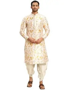KISAH Men's Kurta Dhoti Set, White Silk Blend, Tie & Dye Regular Fit Mandarin Collar Long Sleeves (38)