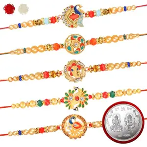 De Marquis 5 Designer Rakhi for Brother, 1 Pooja Coin, 1 Roli-Chawal Pack, 1 Greeting Card (5 Different Patterns Rakhis Gift Set)