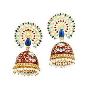 ACCESSHER Accesser Gold Plated Traditional Peacock Design Multicolor Meenakari Embedded Ethnic Jhumki Earrings with Push Back Closure for Women and Girls Pack of 1| Gifting for Karwachauth |