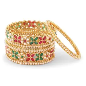 EVY Pink Green Pearl Bridal Bangle 6pc Set (2.4 Inch)