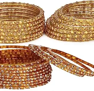 AFAST Combo Of Party & Wedding Colorful Glass Bangle/Kada, Pack Of 24, golden,golden