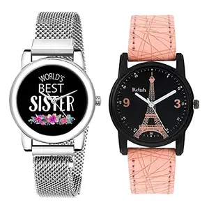 Relish Combo of Silver Magnetic Mesh Strap & Black Dail & Pink Strap Watch for Girls & Women (Pack of 2 Watches) RE-L2116COM