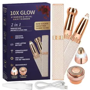 10X GLOW 2-in-1 Eyebrow Trimmer for Women - Facial Hair Remover Machine For Women - Face,Upper Lips,Cheek, Chin and Nose Hair Remover, USB RECHARGEABLE Epilator With Ring Light (Gold)