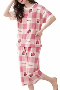 LUXERUDRA Women Cotton Capri Pajama Set Korean Style Nightsuit Soft Breathable Top and Mid Length Pants Lightweight Loose Fit Nightwear Loungewear