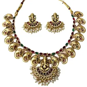 JD Jewellers One Gram Micro Gold Plated Choker Traditional Jewellery Set for Women | Ganesh Necklace Temple jewellery set Festive Wedding Party Necklace | 22k Gold Plated Like Original Gold Jewellery