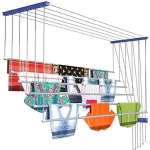 HOMEWELL LIFE Ceiling Cloth Dryer for Balcony Pulley Hanging Wall Mounted Wet Clothes Drying Hanger Stand Stainless Steel Rod with Nylon Ropes Iron Bracket (TOP 8 FEET 6 Pipes)