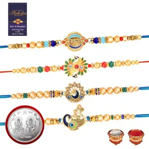 De Marquis Rakhi Combo Set of 7, 4 Rakhi Set, 1 Laxmi-Ganesh Coin, 1 Roli Chawal Pack, 1 Greeting Card for Bro/Brother/Bhaiya/Bhai/Bhabhi/Sister/Kids Happy Rakshabandhan