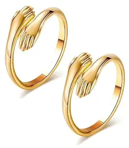Vishal Set Of 2 Golden Color Stainless Steel Love Forever Valentine's Day Romantic Love Couple Embrace Statement Promise Anniversary Adjustable Hand Hug Me Thumb Finger Ring