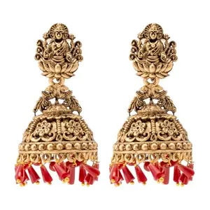 Shining Jewel - By Shivansh Shining Jewel Traditional Indian Matte Gold Oxidised CZ, Crystal Studded Temple Jhumka Earring For Women - Gold, Maroon (SJE_100_G_M)
