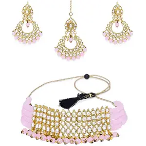 ACCESSHER bridal collection Gold toned Kundan and pink beads choker jewellery set with Earrings and maang tika for women and girls