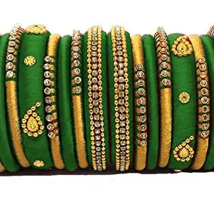 pratthipati's Silk Thread Bangles New Plastic Bangle Set For Womens And Girls (Gold-Dark Green) (Pack of 18) (Size-2/8)