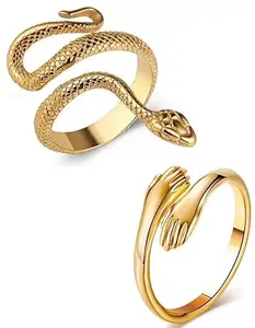 Stylewell (Set Of 2 Pcs) CMB7890 Golden Color Combo Of Hand Hug Me And Mahakaal Shiva Animal Vintage Reptile Serpent Gothic Cobra Snake/Sarp Thumb Finger Ring