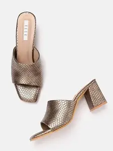 ELLE Women's Gold-Toned & Black Snakeskin Block Heel Sandals