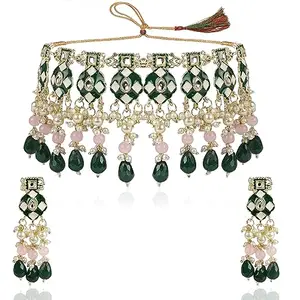 TANAIRA 18K Gold Palted Green and Pink Beads Cluster Drops Meenankari Kundan Choker Traditional Stylish Pearl Necklace Jewllery Set For Women and Girls