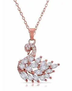 Uniqon Rose-Gold Color Valentine's Day Special I Love You AD Nug Studded Lucky Serene Swan/Duck Emerald Cut Shape Diamond Locket Pendant Necklace With Clavicle Chain For Girl's And Women's