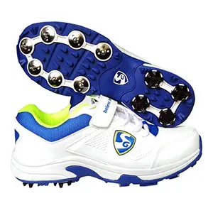 SG Seamer Cricket Shoes with Full Metal Spikes (White/Lime/Blue, 6 UK) for Men