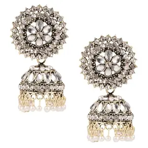 Keviv White Traditonal Ethnic Studded Gold Platted Big Oxxidize Dome Shaped Jhumka Jhumki Earrings For Women & Girls