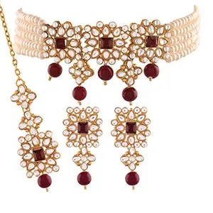 I Jewels 18K Gold Plated Traditional Pearl & Kundan Studded Choker Necklace Jewellery Set with Earrings & Maang Tikka for Women (ML224WM-1)