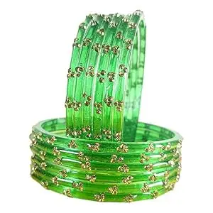 BANGLESKART Glossy Glass Bangles Set For Women & Girls with Zircon Diamond Stone | Trendy Transparent Crystal Glass Bangles | Fancy Kanch ki Chudi Set | Bangles for Wedding, Party- Set of 12