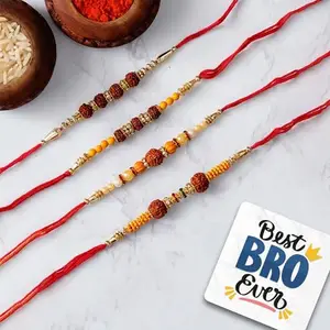 eCraftIndia Set of 4 Designer Rudraksha Rakhis, Best Bro Ever Fridge Magnet with Roli Chawal Pack - Rakhi for Brother, Bhaiya, Bhai