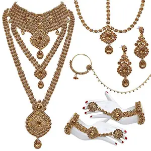 Lucky Jewellery Alloy Cz Stone Gold Plated Bridal Dulhan Necklace Jewellery Set for Women (8 Pcs) (4500-WZS-1080-LCT)