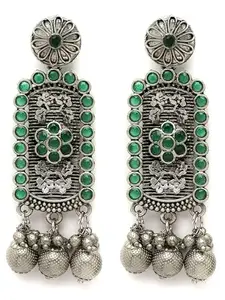 Karatcart Oxidised Silver Floral Green Stone Drop Earring for Women
