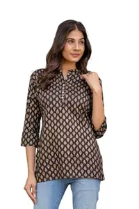 Cashish Kloset Cotton Short Kurti for Women | Office Wear Kurti | Comfortable Women Black Kurti Block Printed Tops (XL)