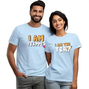 Wear Your Opinion Couple T-Shirt for Couple| Anniversary | Cotton Printed Unisex T-Shirt| Husband Wife Printed T-Shirt | Valentine Printed Unisex T-Shirt (Design: Trapped,M/XL-W/L,Iceblue)