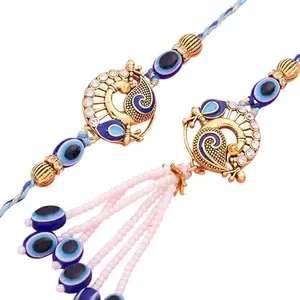 FlowerAura Premium Handcrafted Graceful Designer Peacock Evil Eye Bhaiya Bhabhi Rakhi With Roli Pack For Raksha Bandhan Celebration- Rakhi For Bhai, Bhaiya, Bhabhi, Sister-In-Law & Raksha Bandhan Gift