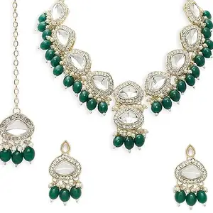 OOMPH Jewellery Green Kundan Necklace Set with Drop Earrings & Maangtikka For Women & Girls Stylish Latest (NEST26_AOR1)
