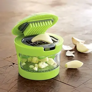 Garlic Chopper Mini, Green, 8x8x8 cm, Kitchen Vegetable Slicer with Stainless Steel Blades and Collection Container