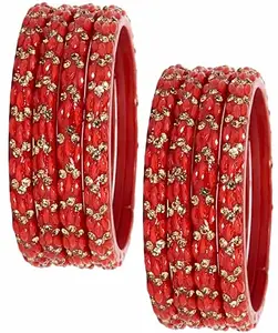 LAVAZZA Fancy Glass Bangles Set For Women & Girls with Zircon Gemstone & Pearls Beads | Trendy Bangles | Glass Kada For Women 2.8 | red bangles for women-(AB2-KamnaKada-DRed-2.8)