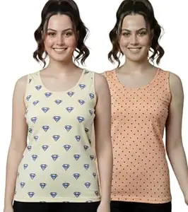 DIAZ Women Printed Tank Top for Girls & Women | Sleeveless Casual Summer Top |Printed Tank Tee | Loose Fit Camisole Top for Regular Wear, Home Wear, Gym, Yoga & Travel=Pack of 2