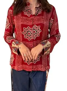 Zans & mens Women's Printed Shirt, Long Sleeve, Embroidered Cuffs, Collared Neck, Casual Ethnic Wear (in, Alpha, 2XL, Regular, Purpal-Bandhni)