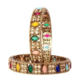 Blulune Multi Color Crystal Stone Antique Gold Plated Bangle Jewelery Set for Women and Girls BL AB-03 2.8 Antique