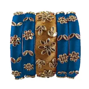 HARSHAS INDIA CRAFT Silk Thread Bangles With Kundan Stones Chuda Bangle Set For Womnes and girls (Gold-Dark Blue) (Size-2/2)