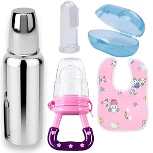 RB POINT Combo of Finger Brush+Bottle+Baby Bib+FeederNibbler BPA Free Non Toxic Silicone Squeeze Baby Feeding Cereal, Rice Dispensing Feeder, Food Dispensing