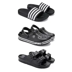 WINGSCRAFT Lightweight Classic Slider || Sandals with Clogs for Men-Combo(3)-3024-3014-3115-8 Black-7862